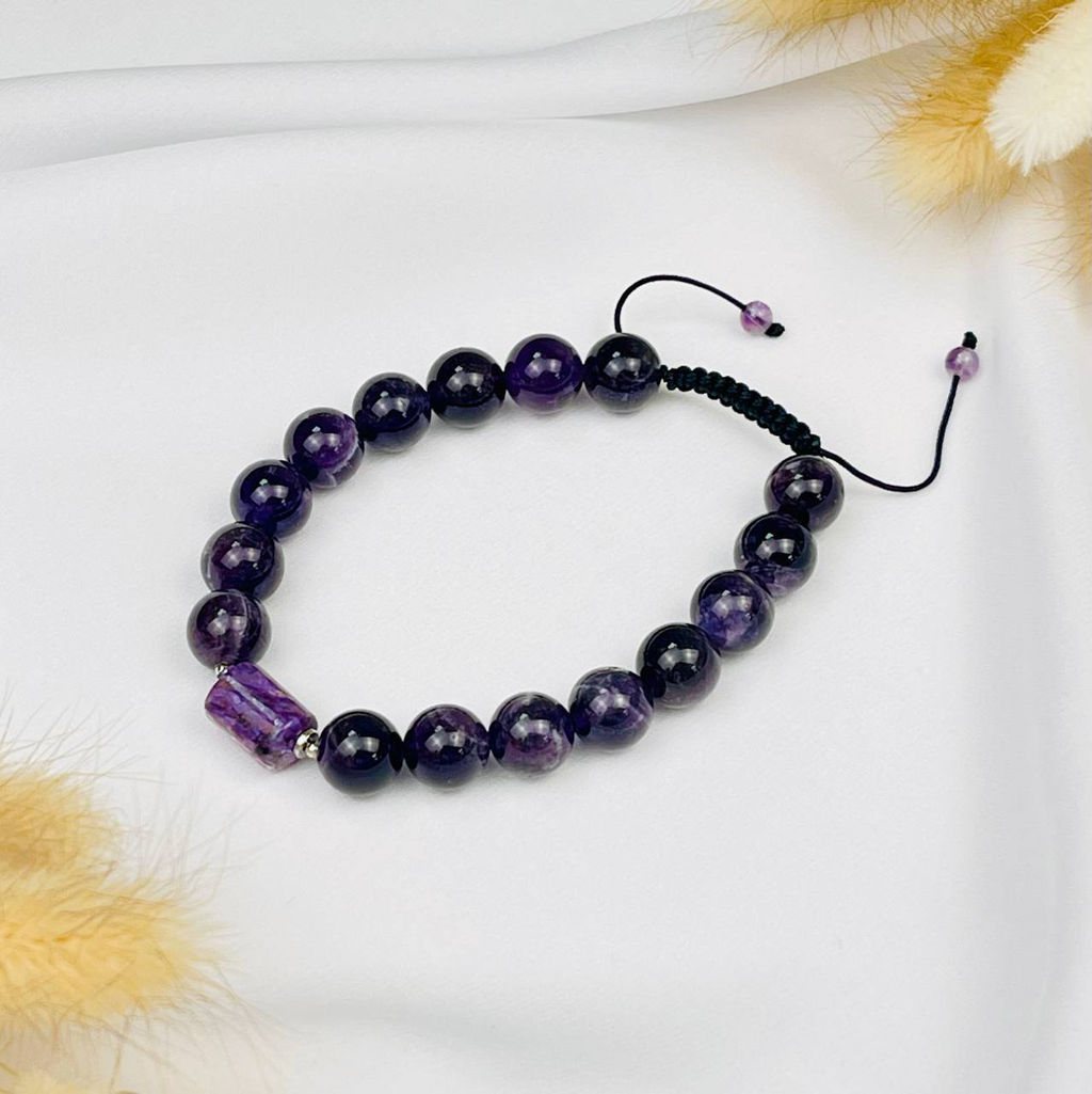 Браслет регулируемый мужской из Аметиста и Чароита "Сахасрара" от 19 см