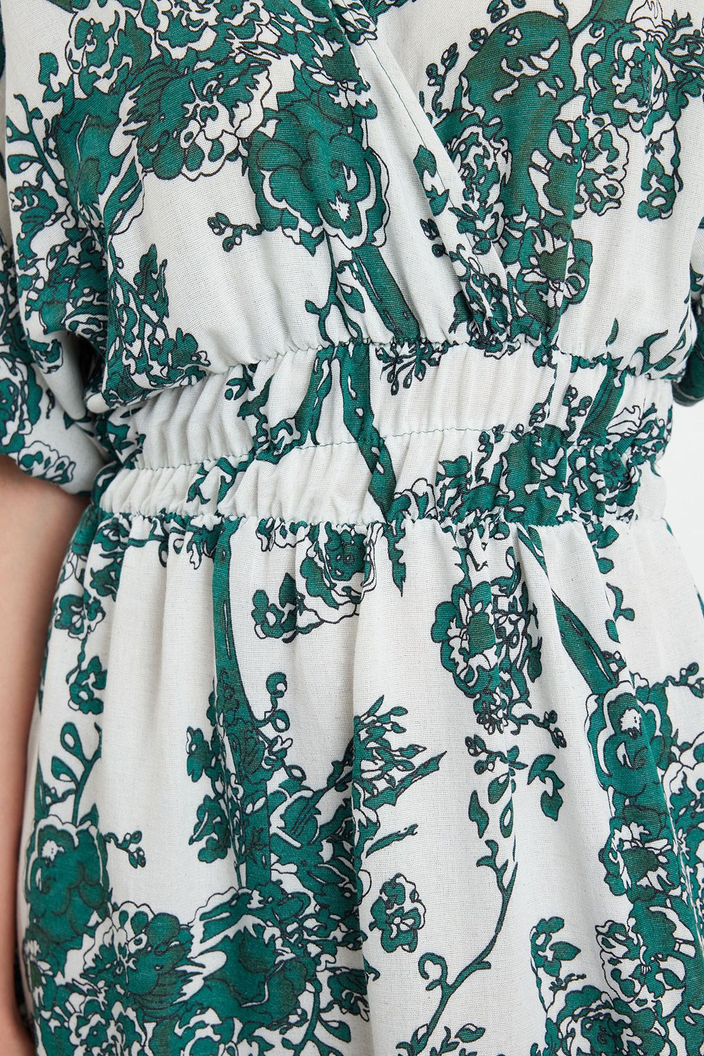 Yesil Cicekli A Kesim Kruvaze Yaka Midi Dokuma Elbise TWOSS24EL01028