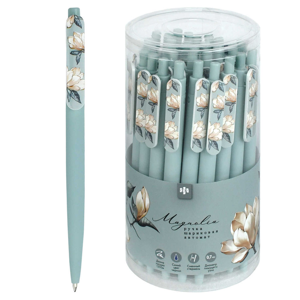 Цена за 30 шт. Ручка шариковая арт. 71662 / 30 МАГНОЛИЯ (ПВХ тубус, 30 шт., автоматическая, механизм ручки: нажимной, 10х140 мм, цвет корпуса: зелёный, материал корпуса: АБС-пластик, покрытие корпуса: софт-тач, 0,7 мм, цвет чернил: синий, стержень: сменны