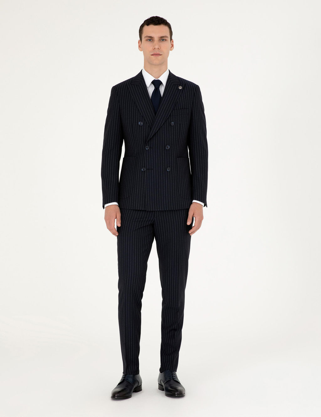 Lacivert Ex. Slim Fit _izgili Kruvaze Y_n Kar___ml_ Tak_m Elbise