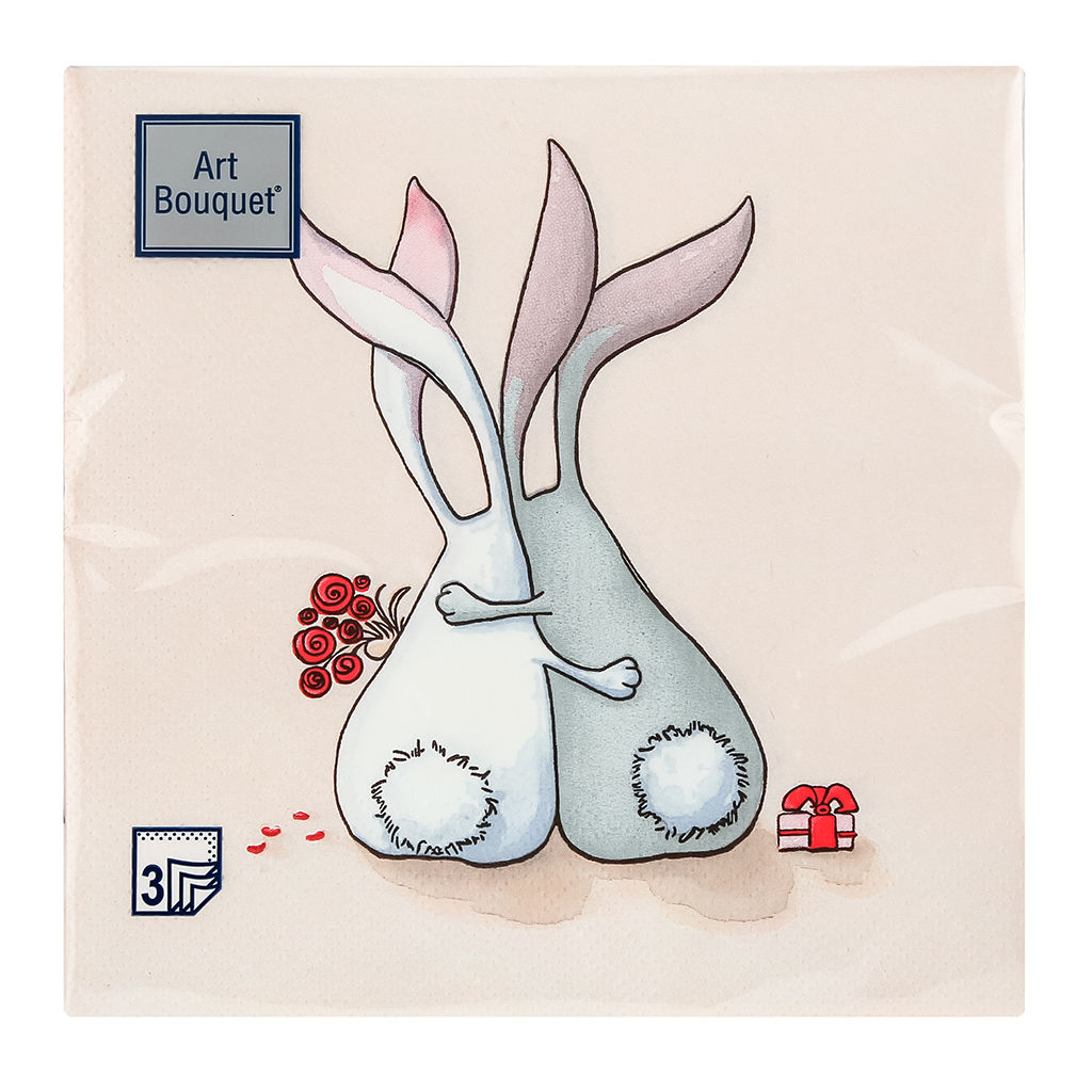 Салфетки бумажные "Art Bouquet" 33х33см, 3-х слойные, 20 штук в упаковке, 100% целлюлоза, "Влюбленные зайцы" (Россия)