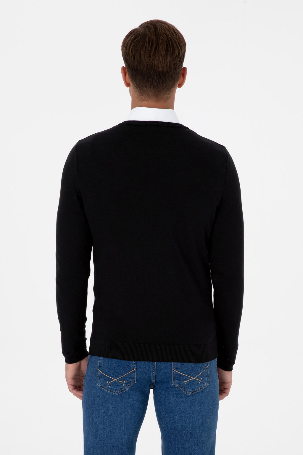 Erkek Slim Fit V Yaka Siyah Basic Kazak
