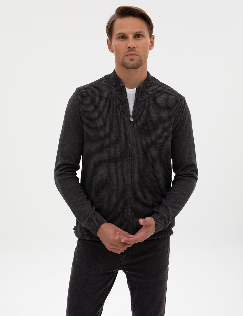 Koyu Antrasit Melanj Slim Fit Fermuarl_ Triko H_rka