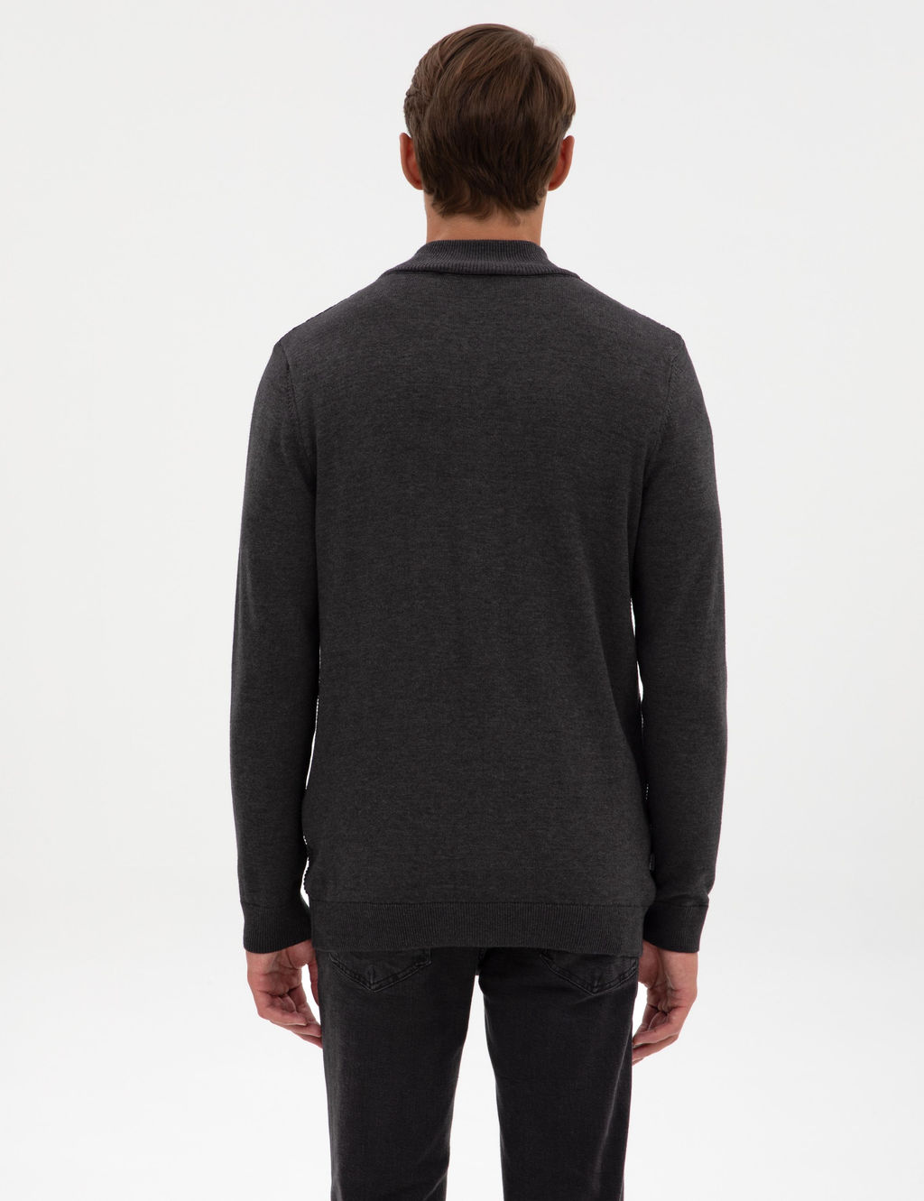 Koyu Antrasit Melanj Slim Fit Fermuarl_ Triko H_rka
