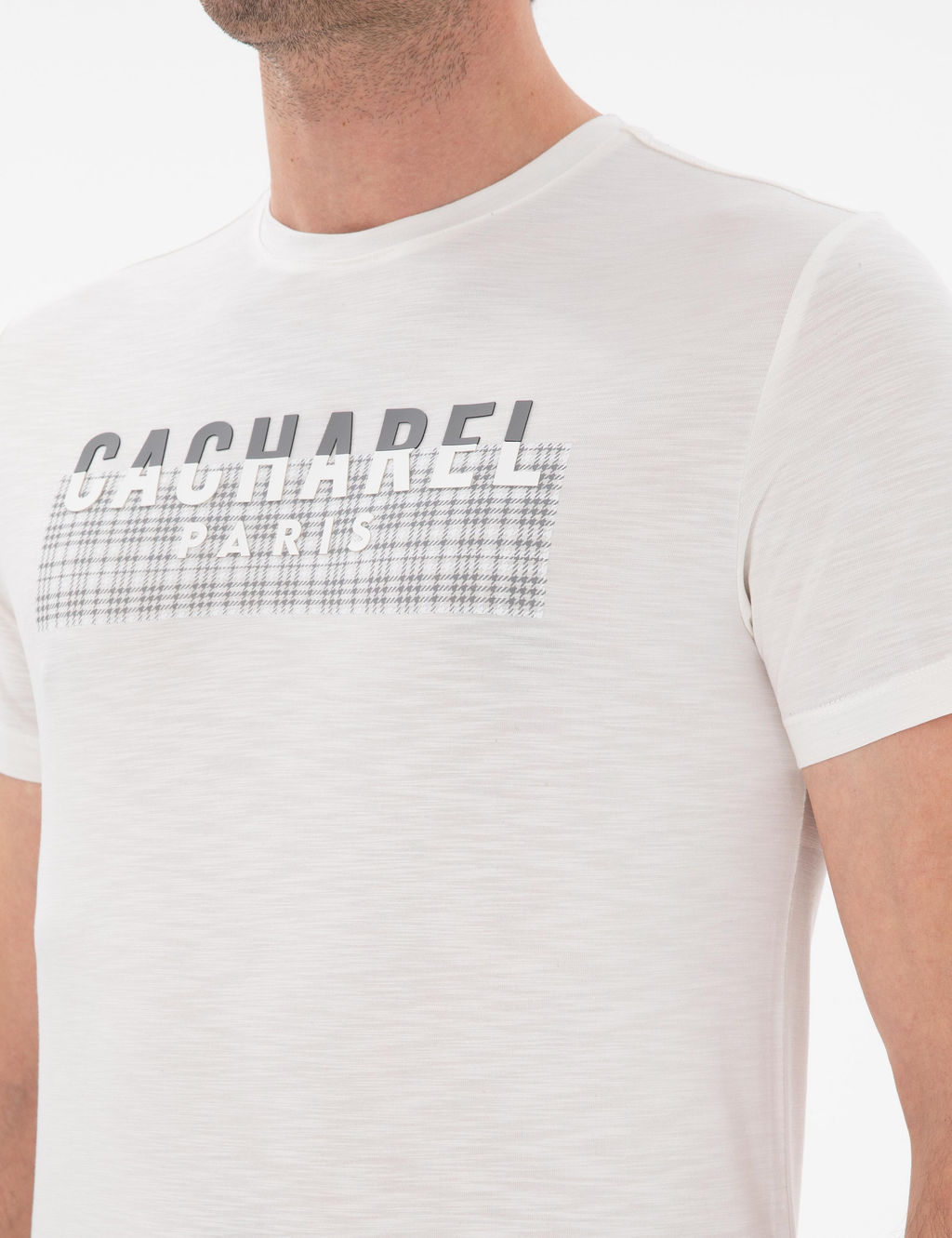 Beyaz Slim Fit Bisiklet Yaka Desenli T-shirt