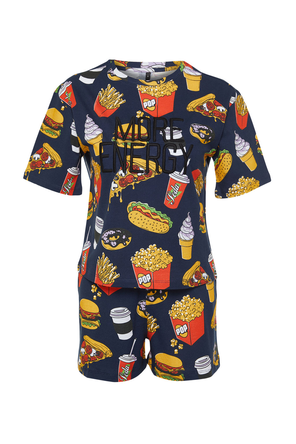 Trendyolmilla Lacivert-Cok Renkli Slogan Nak?sl? Sortlu Orme Pijama Tak?m? THMSS24PT00104