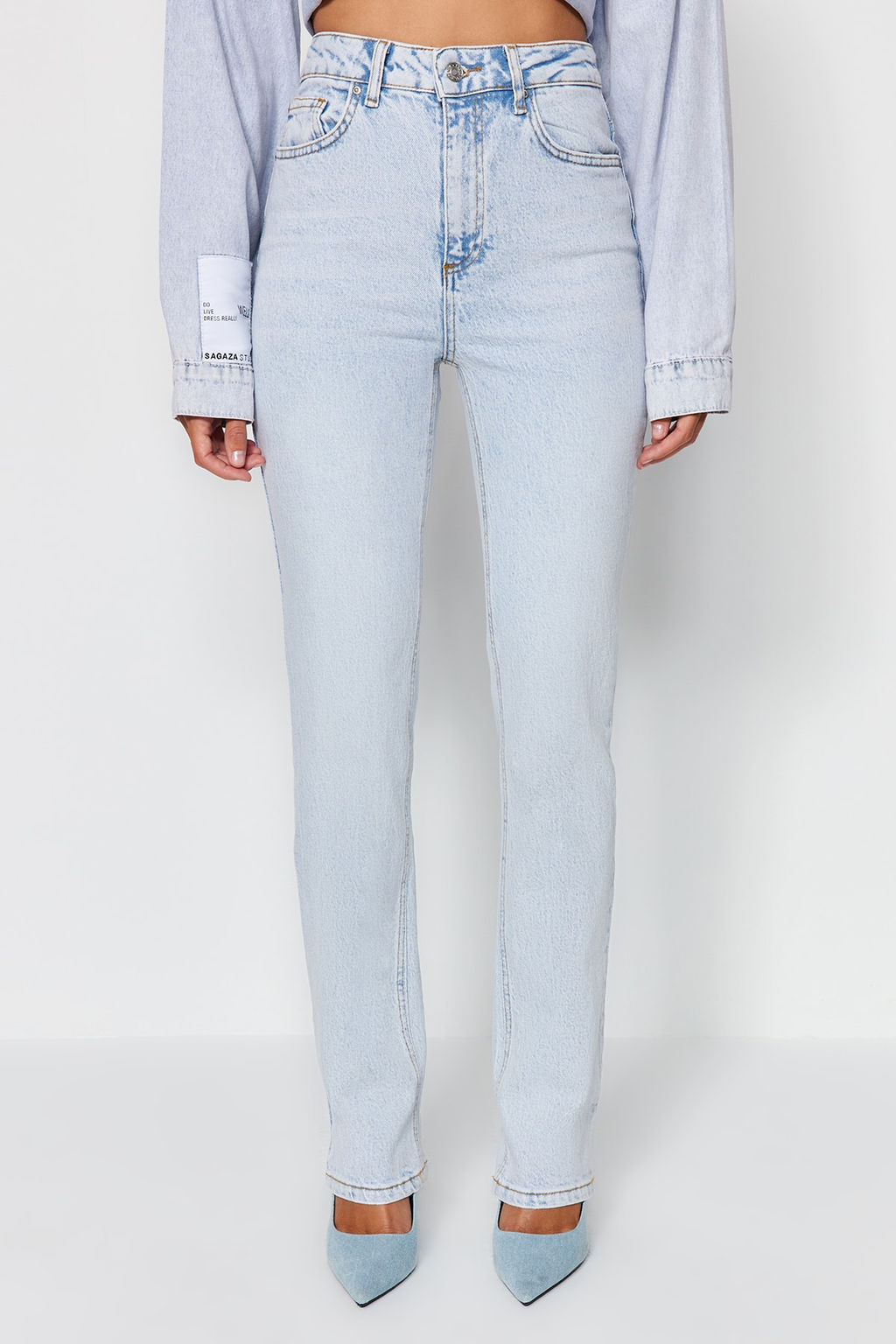 TRENDYOLMILLA Ac?k Mavi More Sustainable Yuksek Bel Flare Jeans TWOAW23JE00657  фото 10