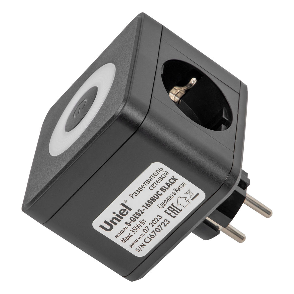 S-GES2-16SBUC BLACK Разветвитель сетевой с выключателем, с/з. 2 гнезда. 2USB+1TYPE C. 16А, 3500Вт. Черный. ТМ Uniel