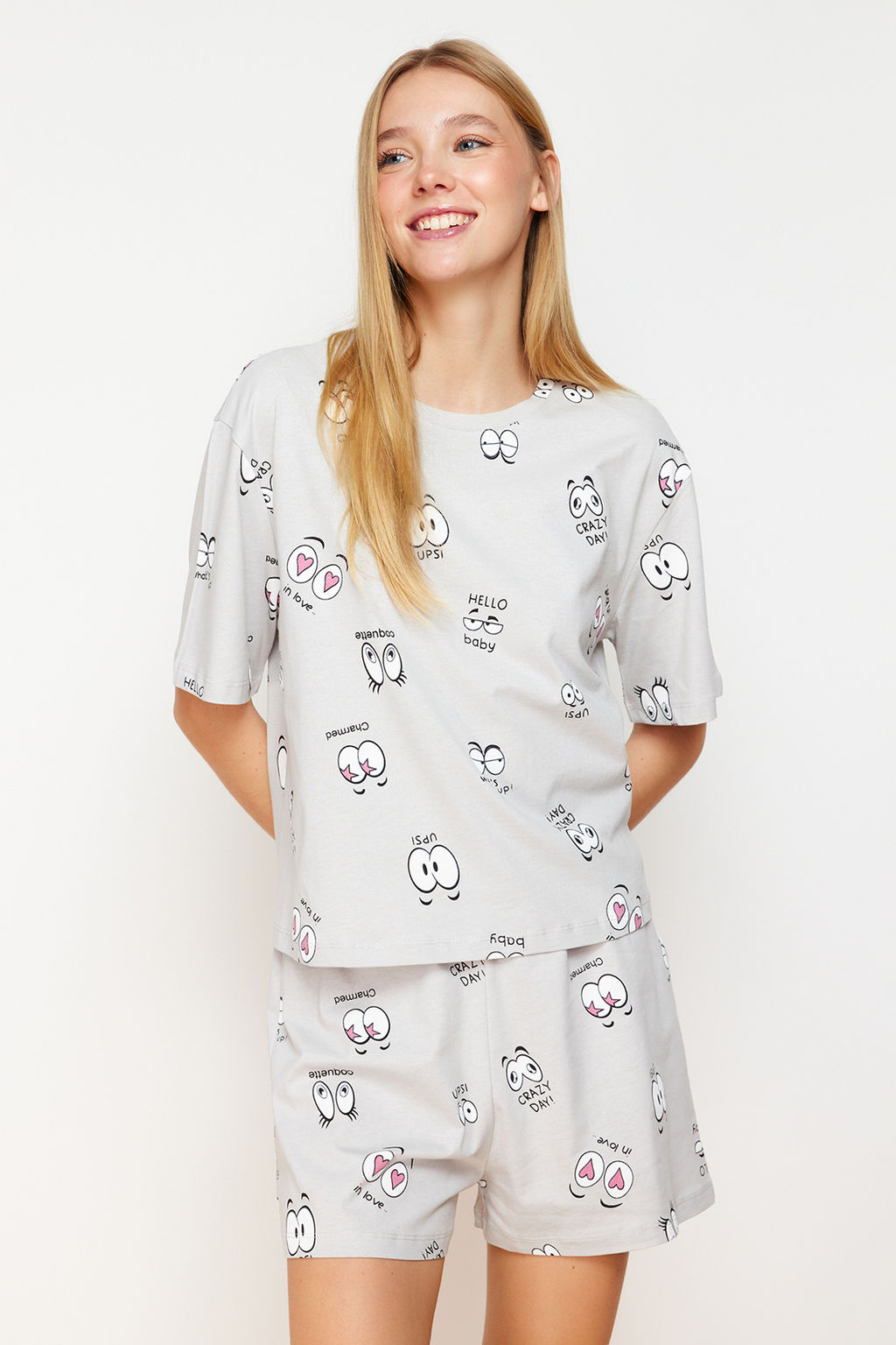 Trendyolmilla Gri %100 Pamuklu Eglence Desenli Sortlu Orme Pijama Tak?m? THMSS24PT00024  фото 3