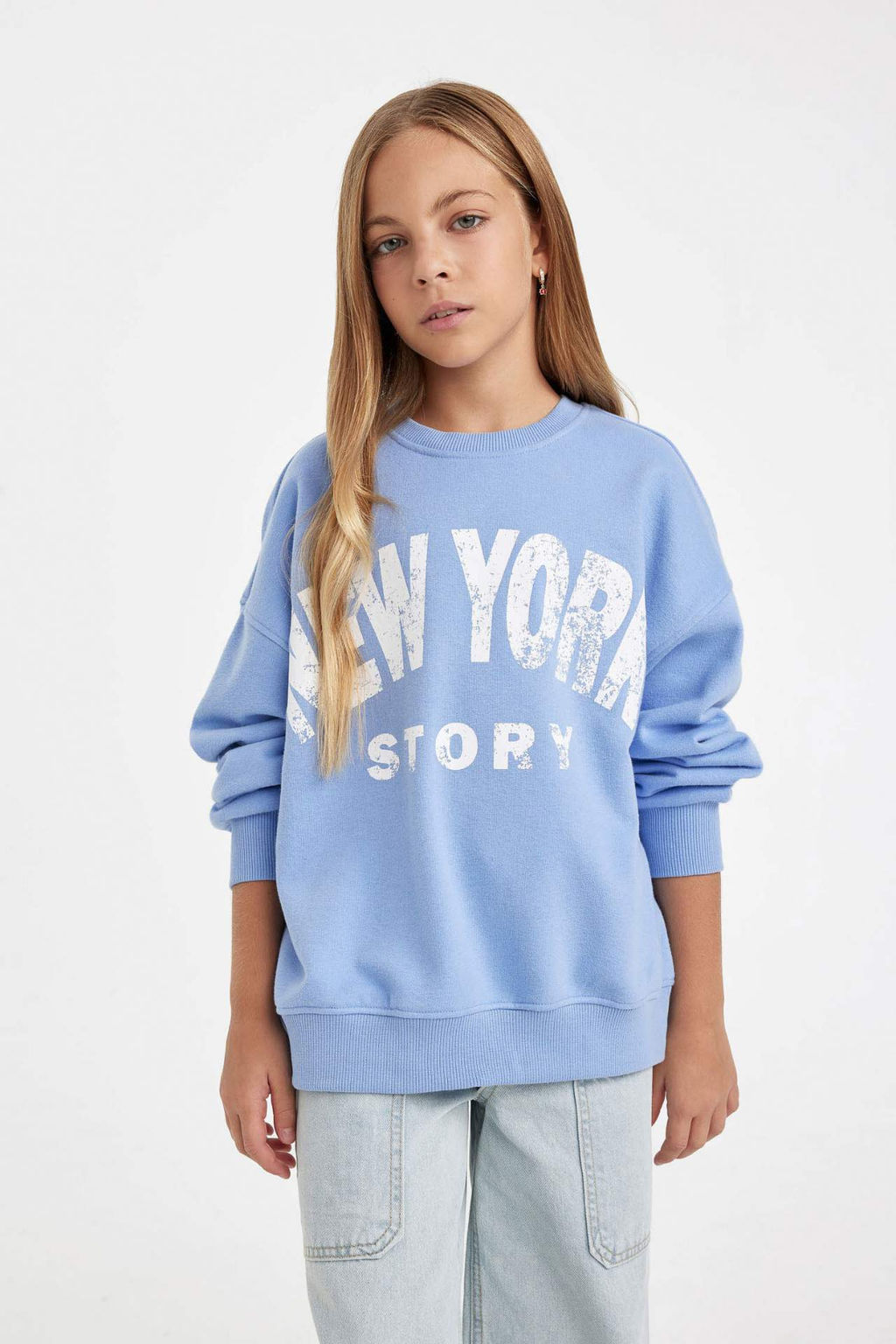 K?z Cocuk Oversize Genis Kal?p Bisiklet Yaka Bask?l? Sweatshirt - Defacto фото 3