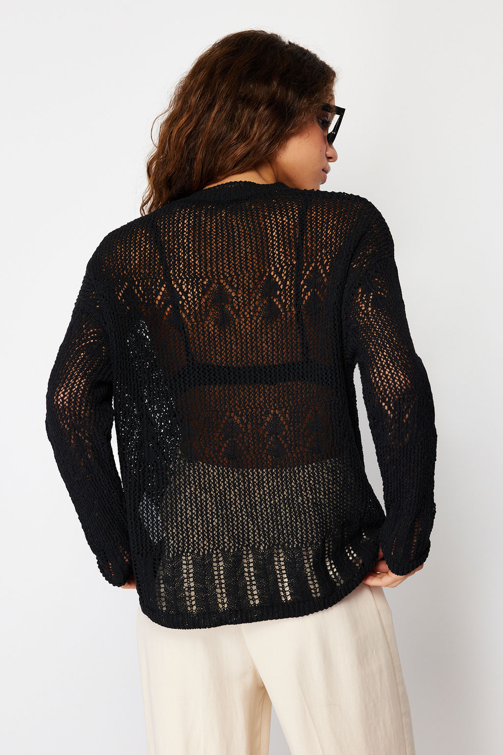 Siyah Pamuk Kar?s?ml? Ajurlu/Delikli Triko Kazak TWOSS24KZ00011 - Trendyolmilla фото 7