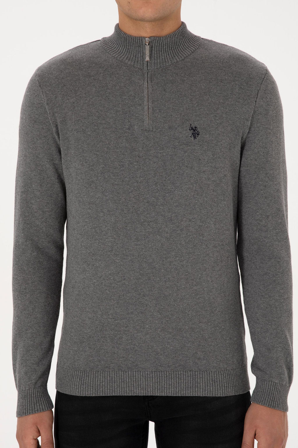 Erkek Slim Fit Yar_m Fermuarl_ Gri Melanj Basic Kazak - U.s. polo assn фото 6