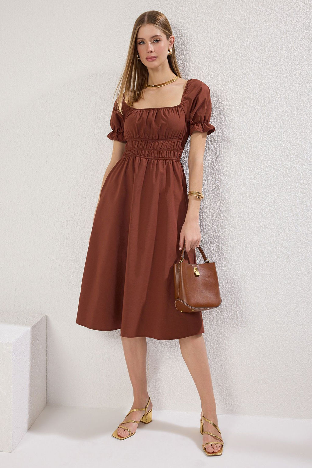 TRENDYOLMILLA K?rm?z? Belden Ac?lan Balon Kollu Midi Dokuma Elbise TWOSS22EL1768 фото 21