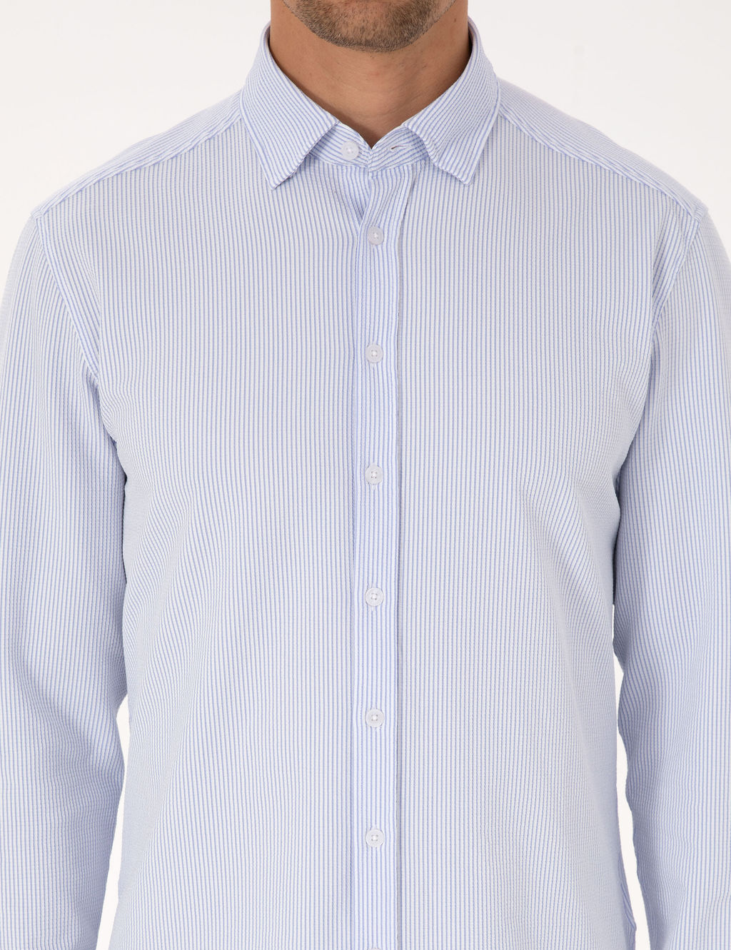 A__k Mavi Esnek Slim Fit _izgili Uzun Kollu G_mlek