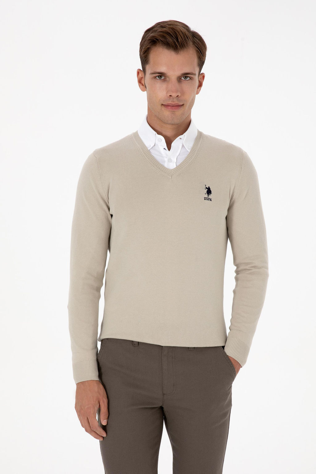 Erkek Slim Fit V Yaka A__k Haki Basic Kazak