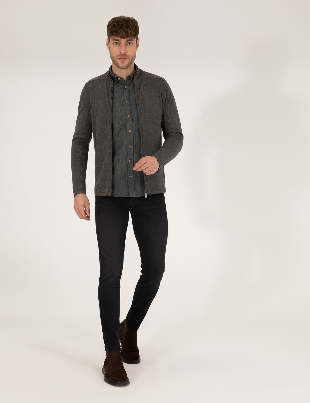 Gri Melanj Slim Fit Fermuarl_ Triko H_rka
