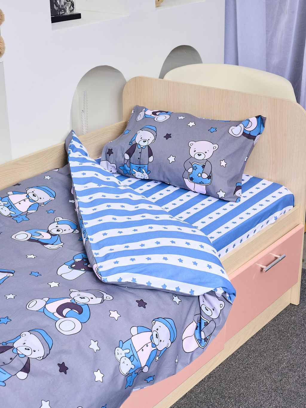 Постельное белье детское поплин с простыней на резинке - Мишки, цвет синий Детский