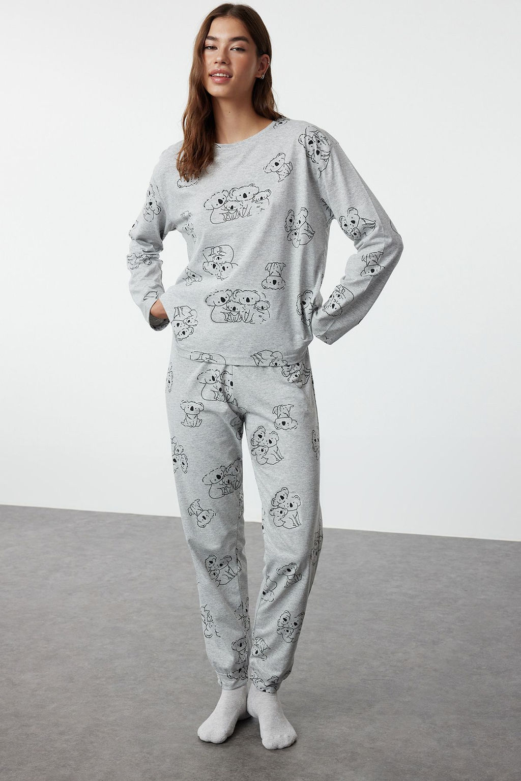 Trendyolmilla Gri Melanj Pamuklu Hayvan Desenli Orme Pijama Tak?m? THMAW25PT00020