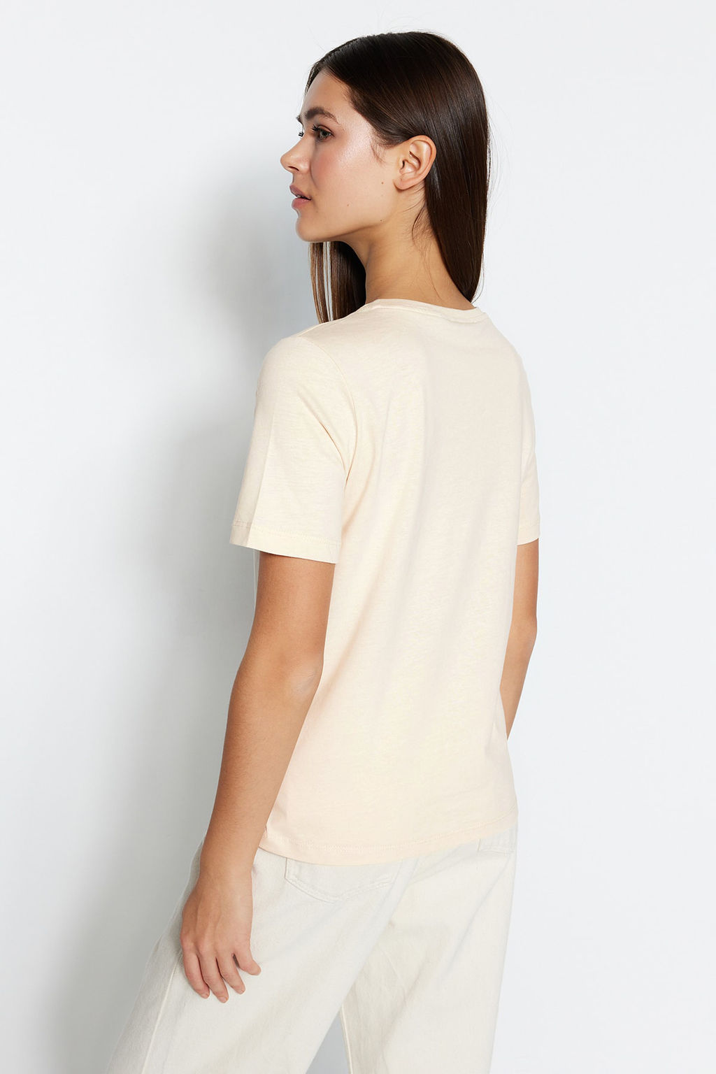 Ac?k Bej %100 Pamuk Basic Bisiklet Yaka Orme T-Shirt TWOSS23TS00000