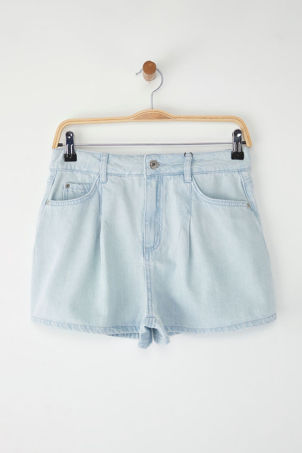 Trendyolmilla Ac?k Mavi Pileli Yuksek Bel Mini Denim Sort TWOSS25SR00152  фото 5