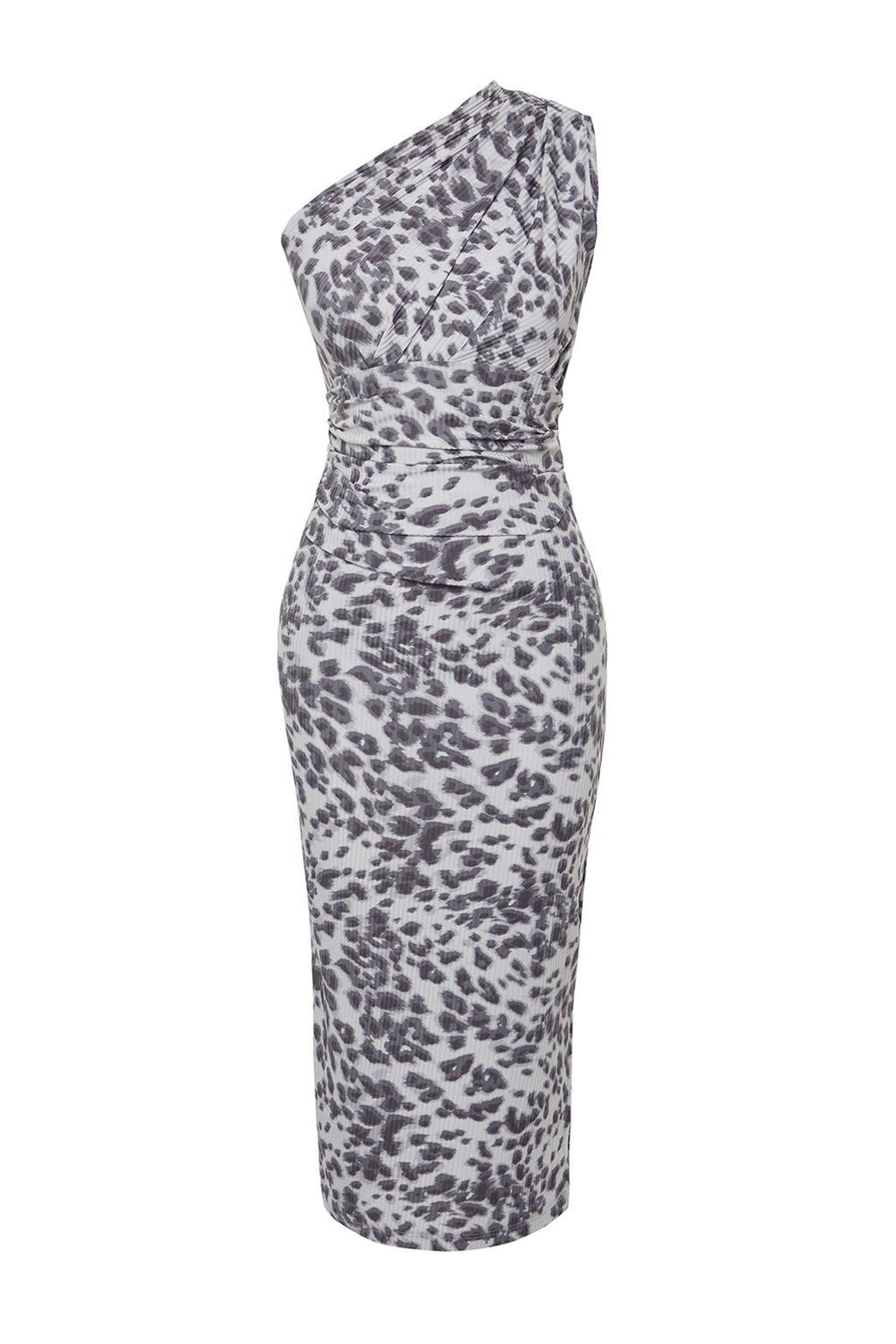 Gri Leopar Vucuda Oturan Tek Omuz Asimetrik Buzgu Detayl? Orme Midi Kalem Elbise TWOSS23EL02182