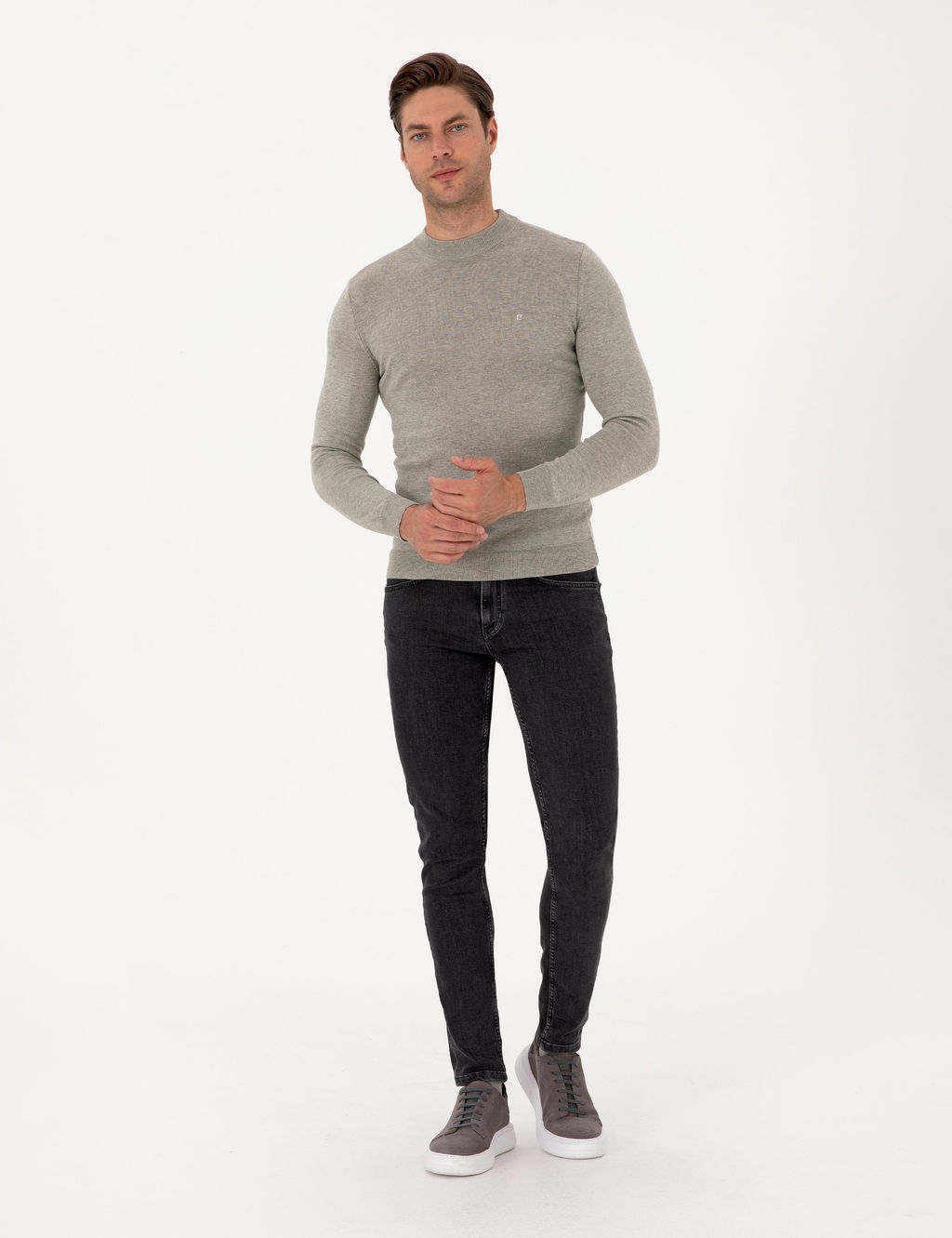 A__k Gri Melanj Slim Fit _eyrek Yaka Basic Triko Kazak