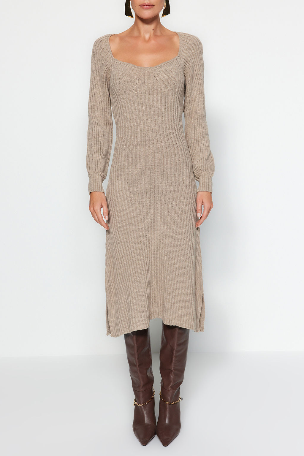 TRENDYOLMILLA Kiremit Midi Triko Kalp Yaka Elbise TWOAW24EL00212  фото 4