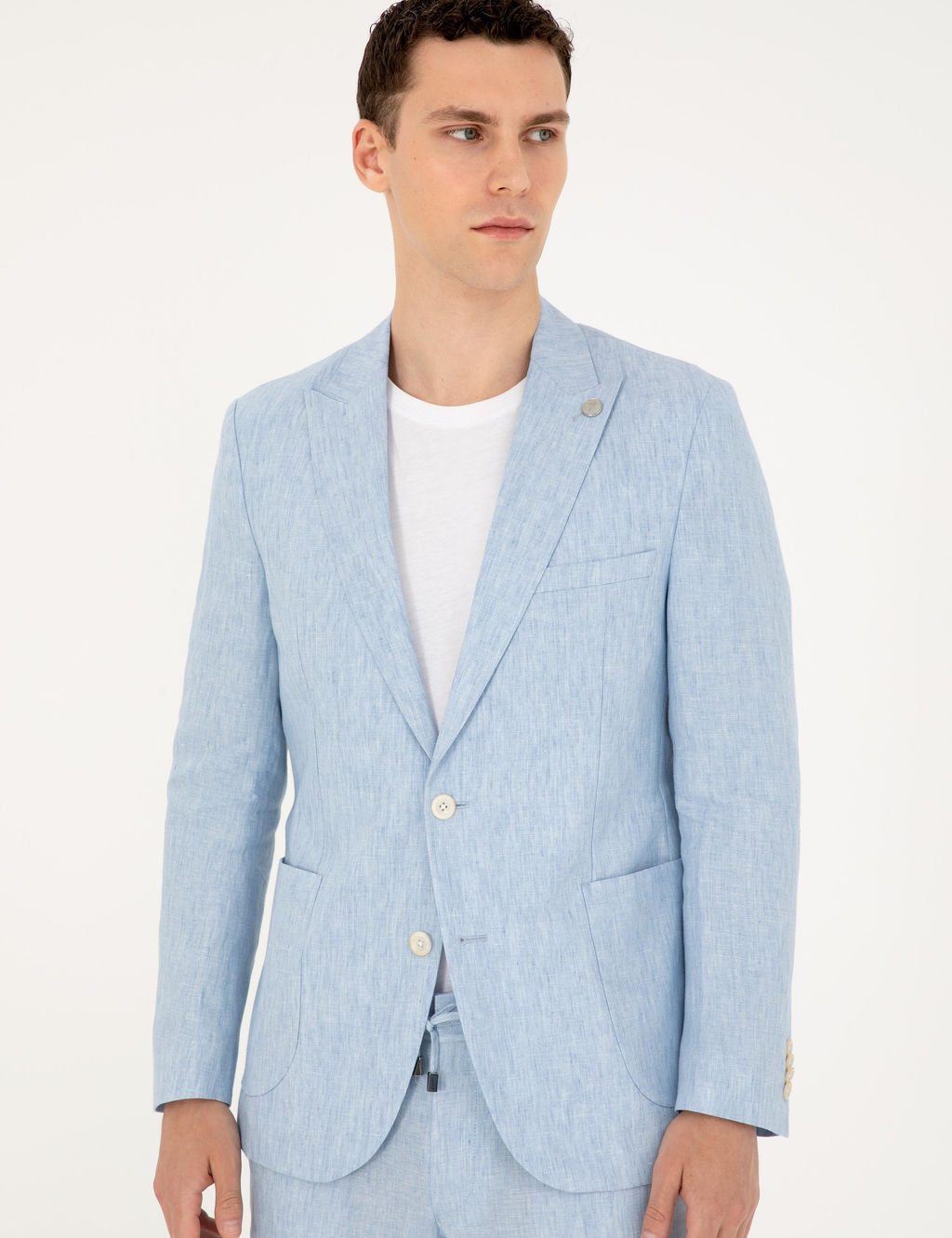 A__k Mavi Ex. Slim Fit %100 Keten Tak_m Elbise