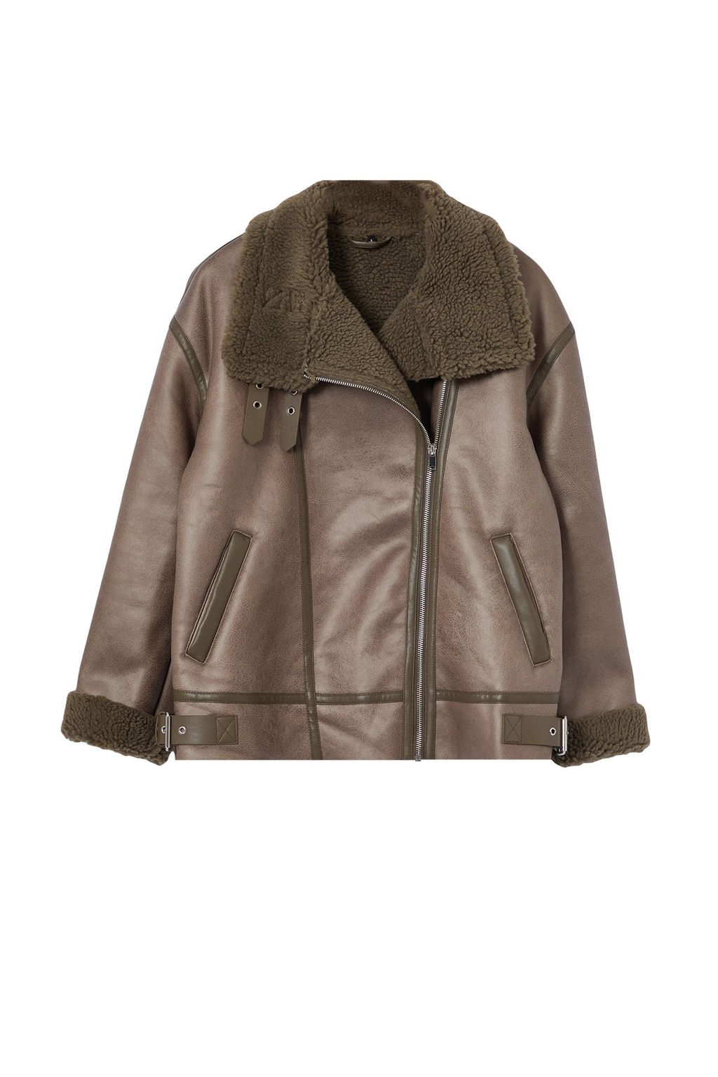 Vizon Regular Kal?p Yakas? Kemer Detayl? Peluslu Suet Biker Ceket Mont TWOAW25MO00011 - Trendyolmilla фото 6