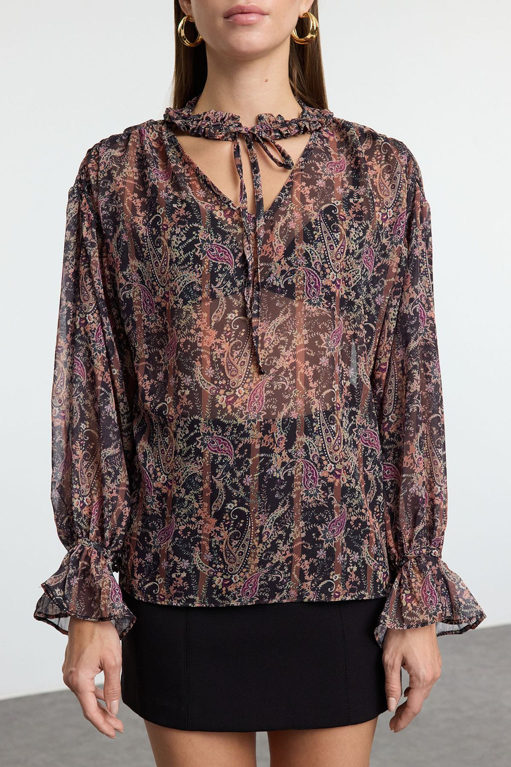 Cok Renkli Sifon Cicekli Boho Transparan Dokuma Bluz TWOAW25BZ00290