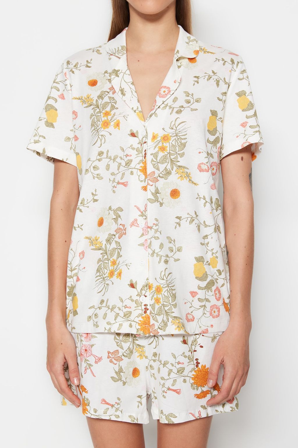 Cok Renkli %100 Pamuklu Cicek Desenli Sortlu Orme Pijama Tak?m? THMSS23PT00020