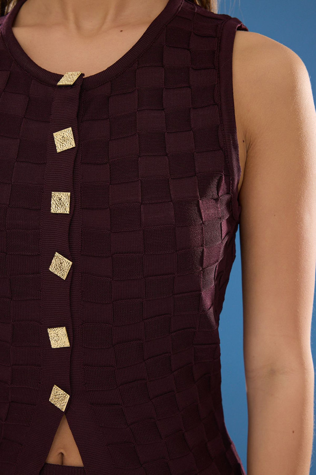 Bordo Kare Desenli Dugme Detayl? Yelek-Etek Alt-Ust Tak?m TWOSS25AU00051 - Trendyolmilla фото 4