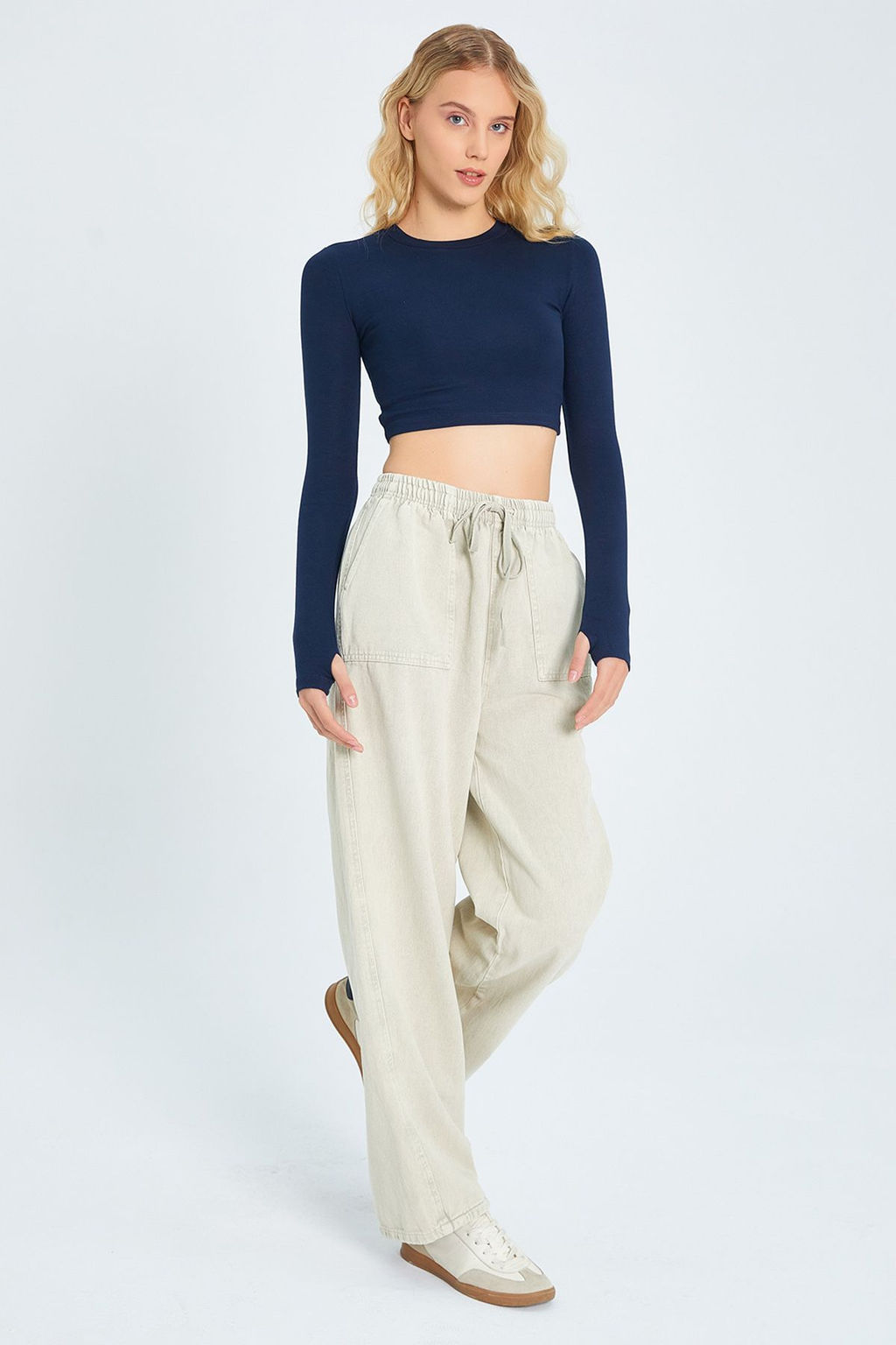 Bej Cep Detayl? Kot Gorunumlu Wide Leg/Genis Paca Dokuma Pantolon TWOSS25PL00076
