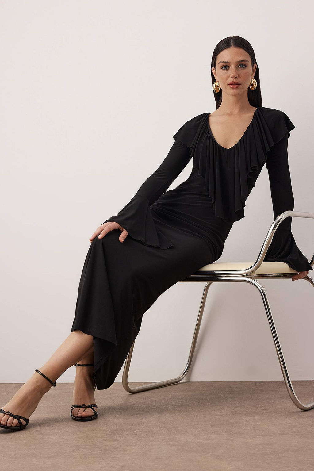 Siyah F?rf?rl? Orme Sandy Midi Astarl? S?k/Gece Elbise TPRSS26EL00001