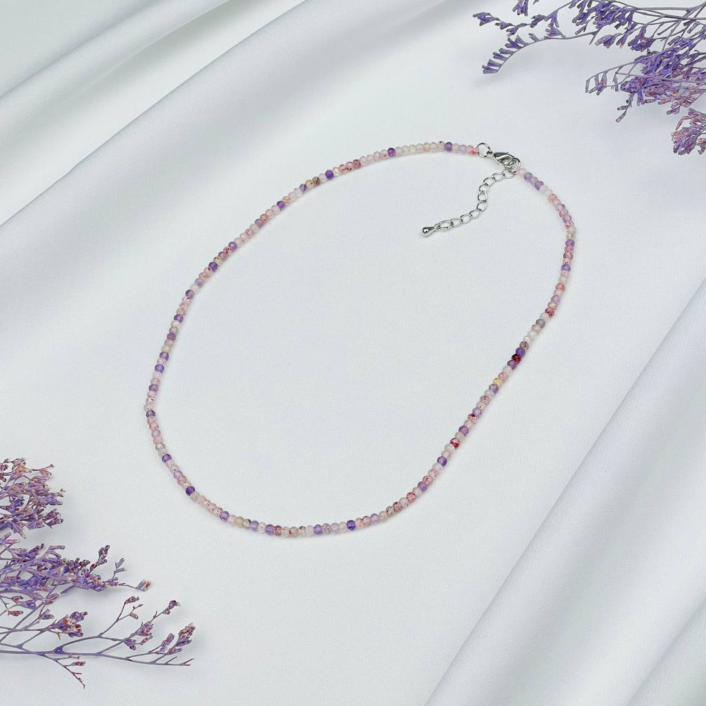 Колье из Рутилового кварца, Аметиста и Клубничного кварца 42 см +