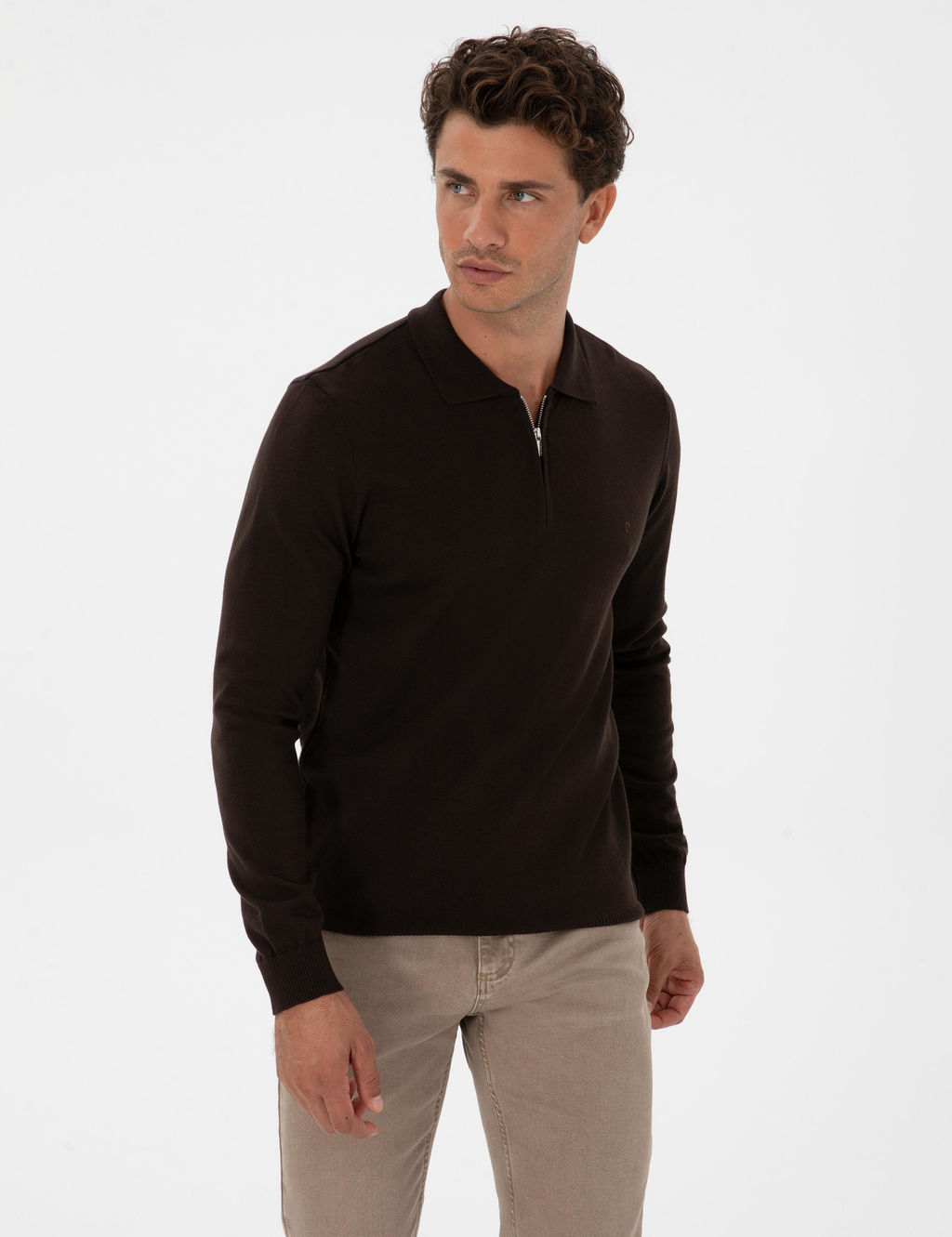 Koyu Kahverengi Slim Fit Polo Yaka Fermuarl_ Basic Triko Kazak