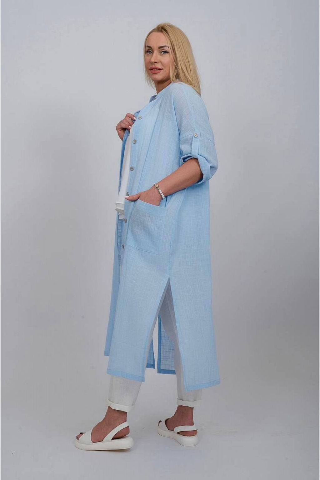 Рубашка-туника из льна стройнит фигуру, не требует глажки 091Л голубой - Новый лен фото 4