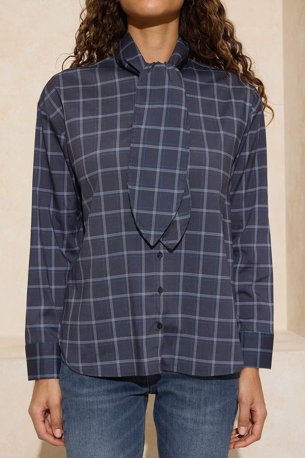 Cok Renkli-Kahverengi Ekose Fular Detayl? Oversize/Genis Kal?p Gomlek TWOSS26GO00009 - Trendyolmilla фото 7