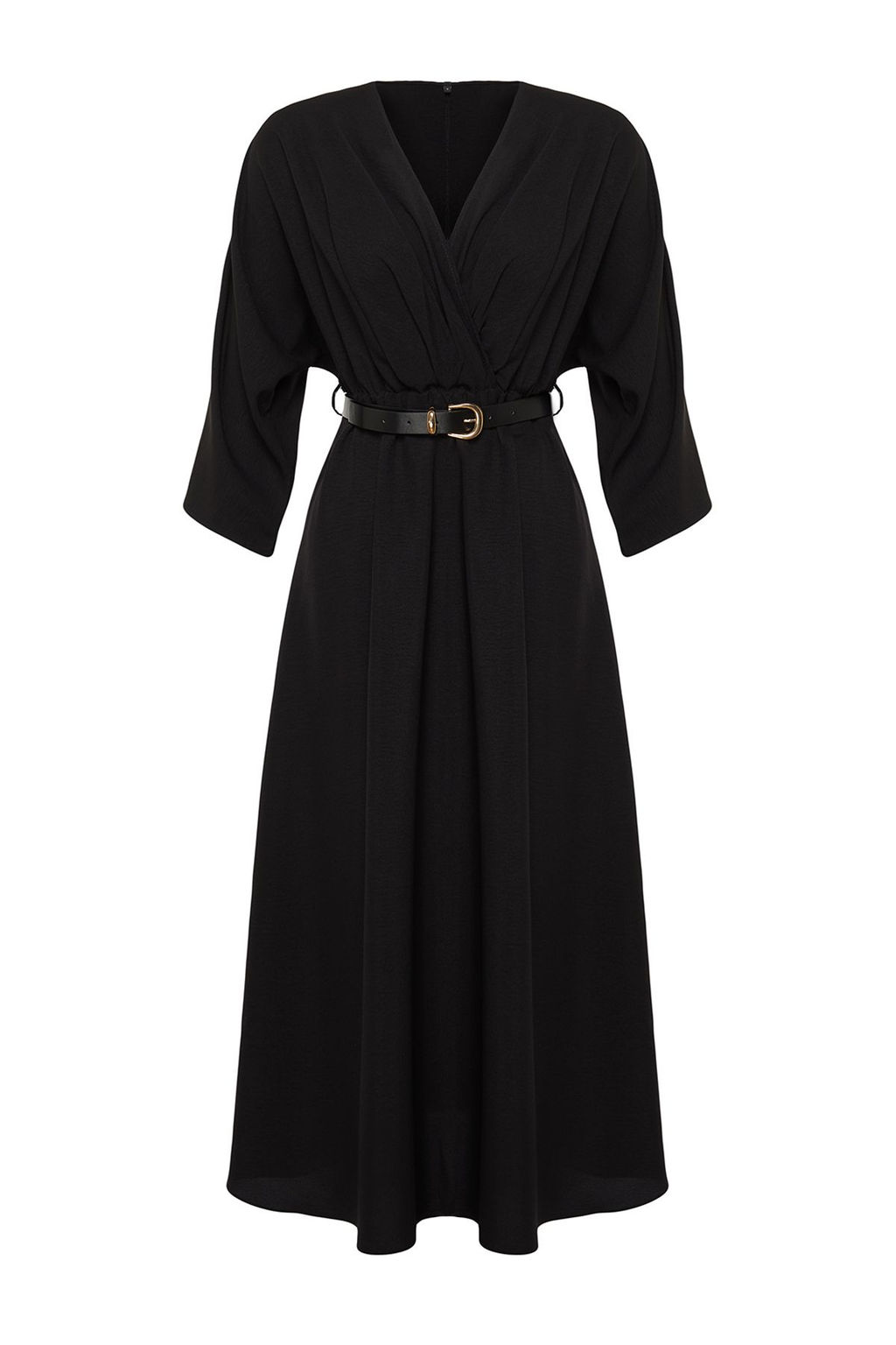 Siyah Kemerli A-line Kruvaze Yakal? Aerobin Midi Dokuma Elbise TWOSS24EL00992