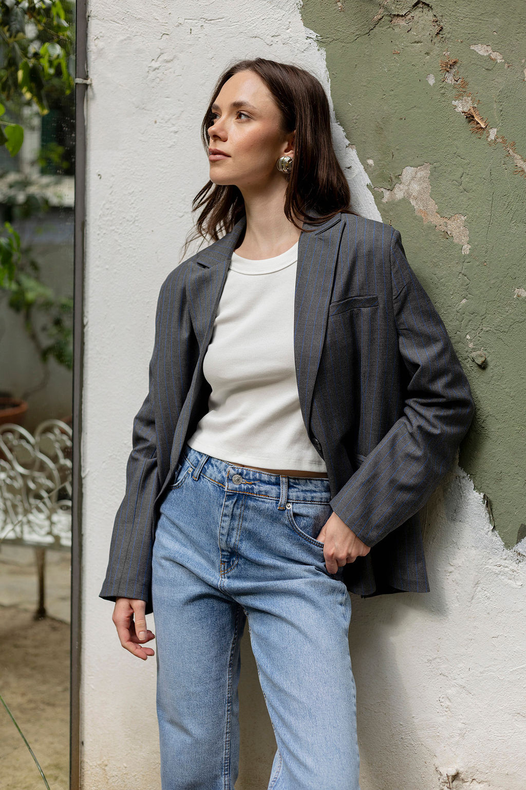 Kahverengi Koyu Mavi Cizgili Oversize Blazer Ceket TWOAW26BC00025 - Trendyolmilla фото 9