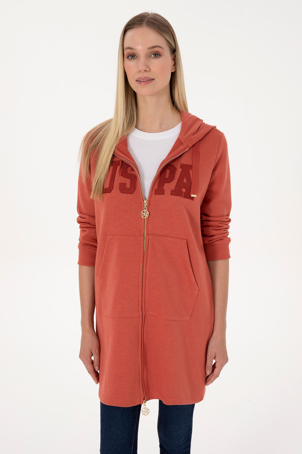 Kad_n Kiremit Uzun Fermuarl_ Kap__onlu Basic Sweatshirt