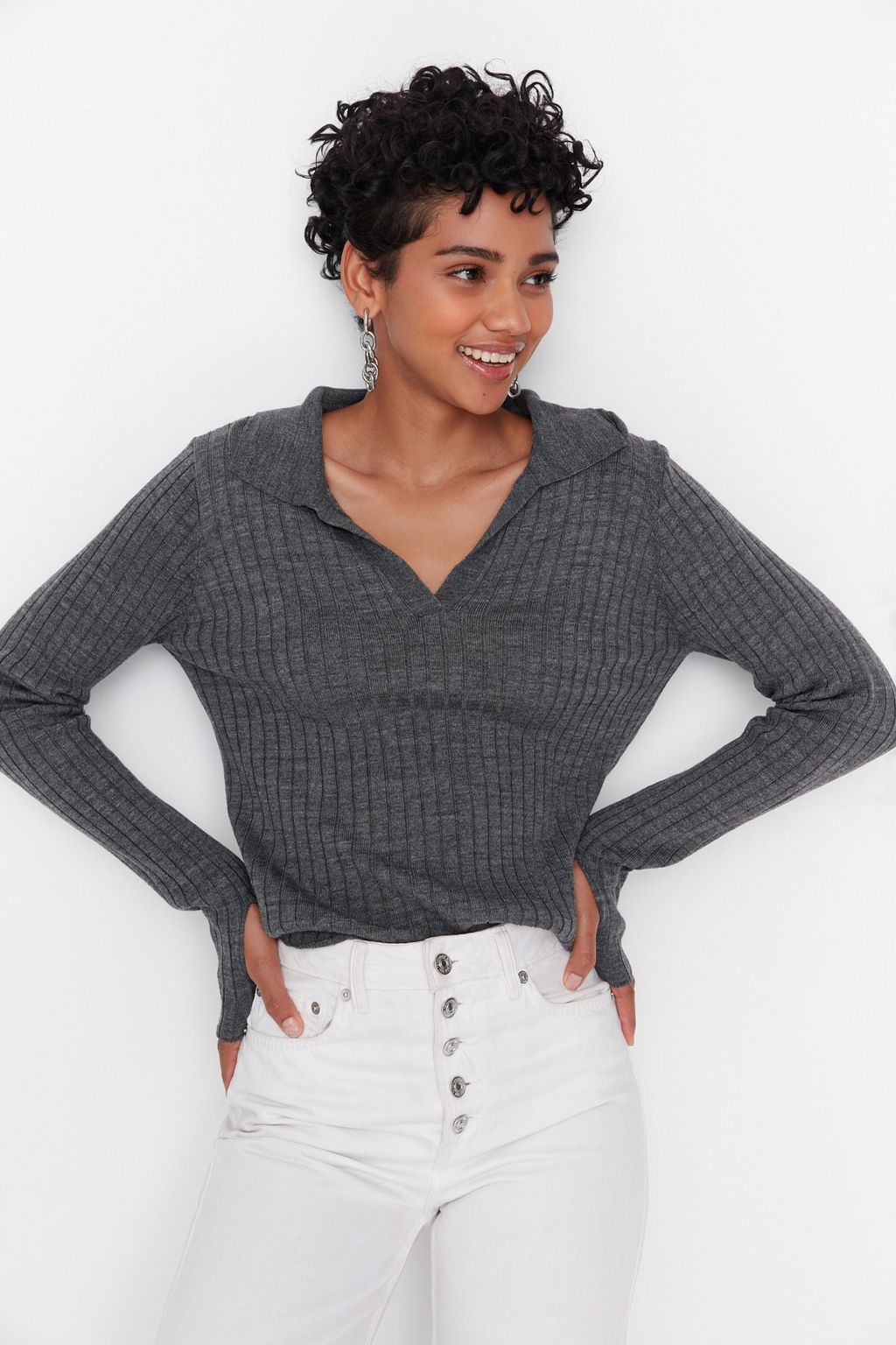 Antrasit Couple Kol Ucu Detayl? Polo Yaka Triko Kazak TWOAW21KZ1113