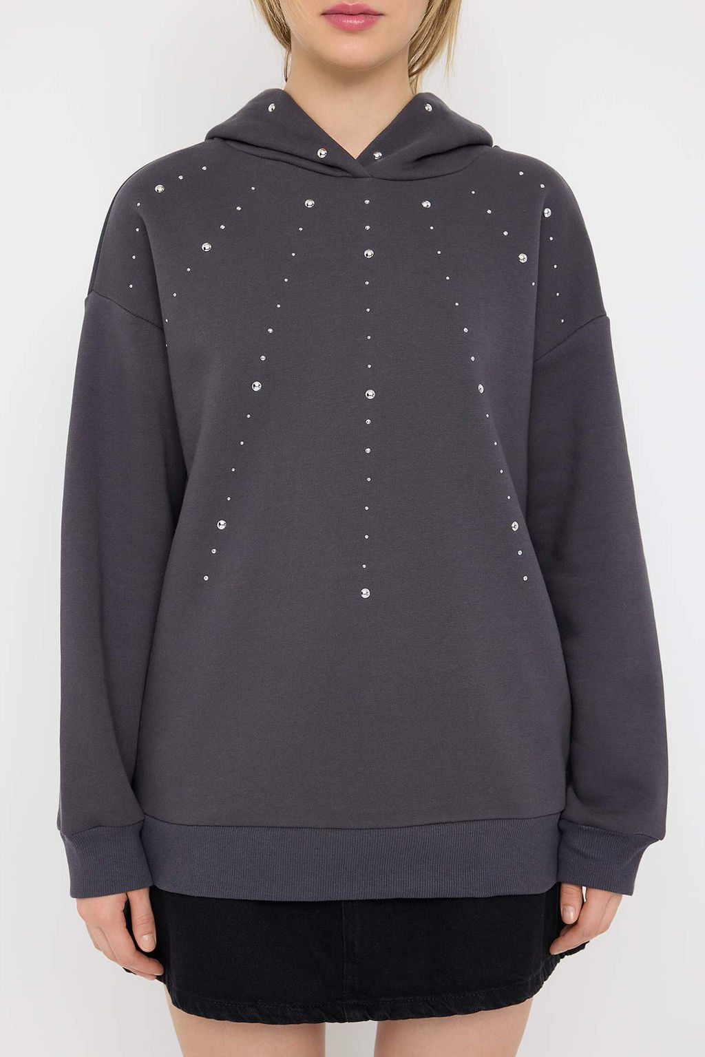 Teen Antrasit Trok Detayl? Kapusonlu Oversize Kal?p Kal?n Ici Polarl? Orme Sweatshirt TWOAW26SW00117 - Trendyolmilla фото 3