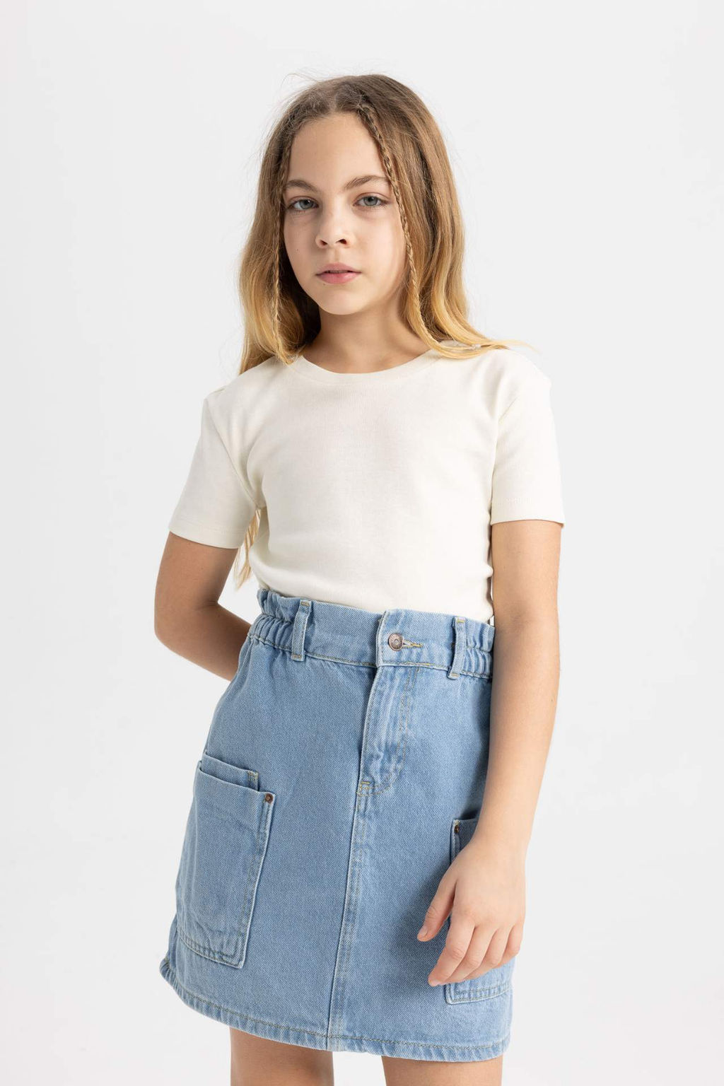 K?z Cocuk Slim Fit Dar Kesim Bisiklet Yaka Ribana Basic Duz K?sa Kollu Tisort - Defacto фото 3