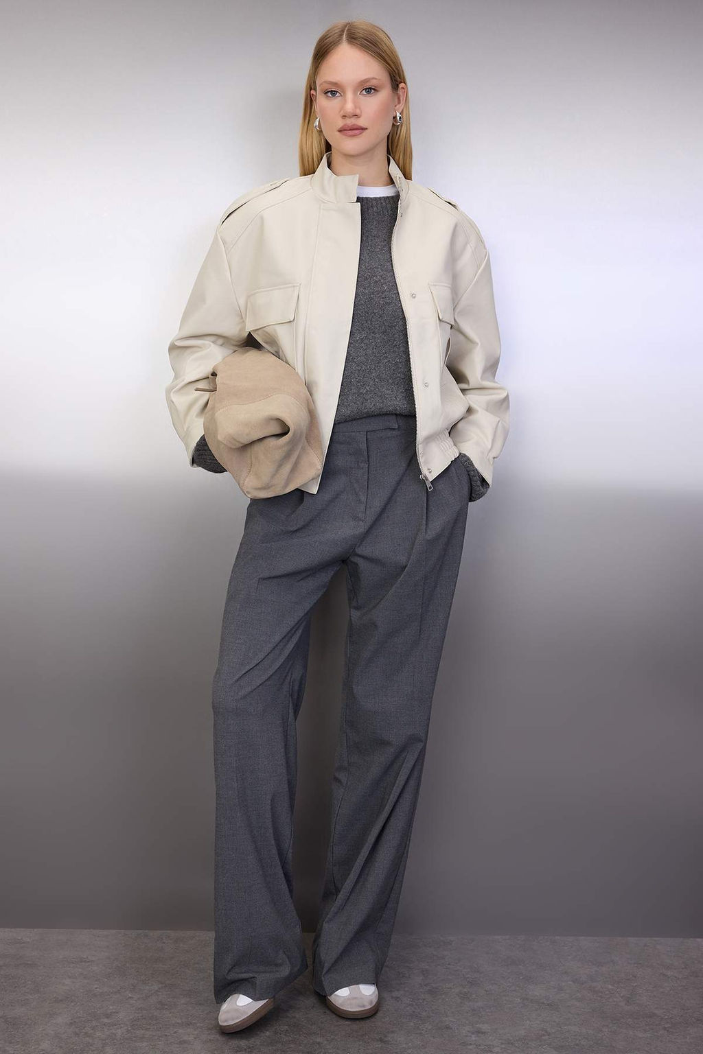 Ekru Oversize Kal?p Suni Deri Bomber Ince Ceket Mont TWOAW26MO00001 - Trendyolmilla фото 4