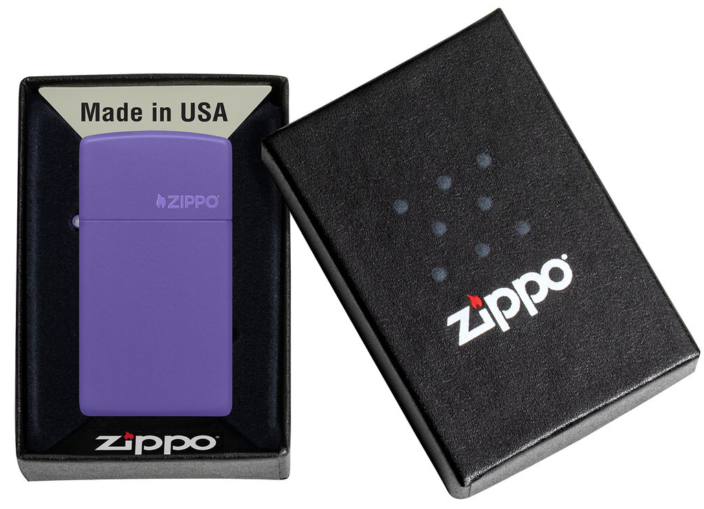 Зажигалка ZIPPO узкая Логотип с фиолетовым матовым покрытием | Slim® Logo Purple Matte 1637ZL