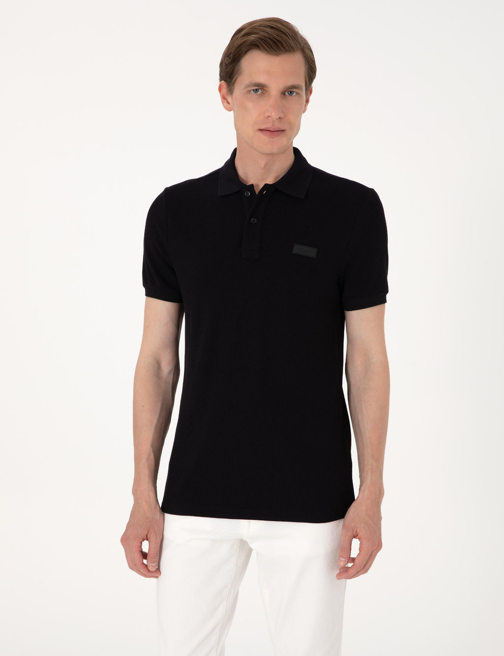 Siyah Slim Fit _rme Dokulu Polo Yaka Ti__rt