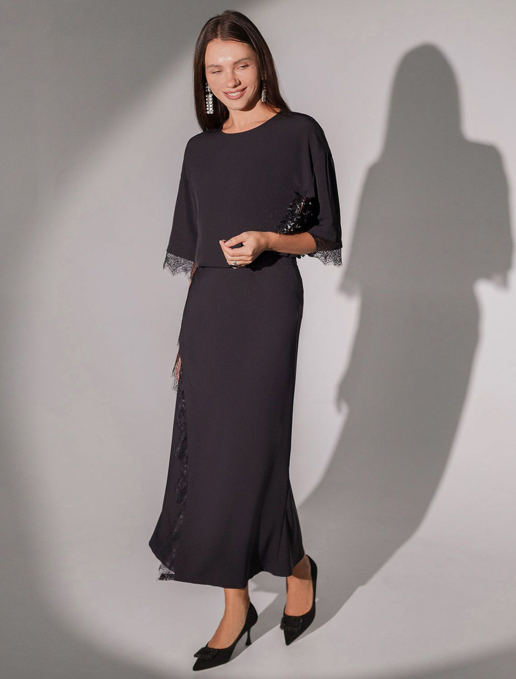 Блузка свободная из креп-шифона с кружевом - Vilatte фото 5