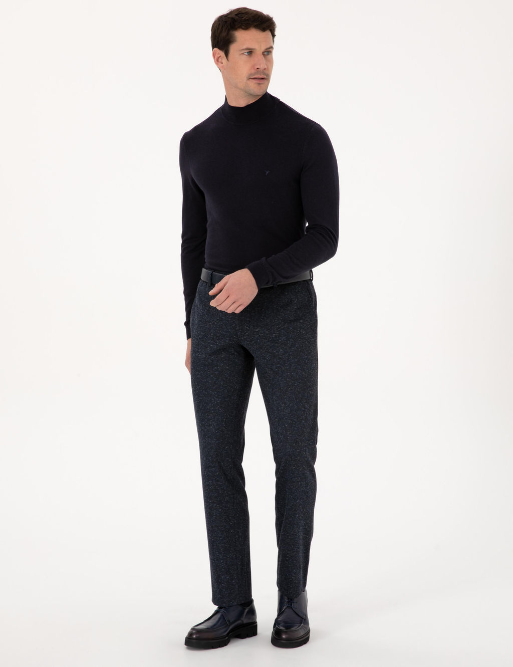 Lacivert Slim Fit Pamuk Kar___ml_ Yar_m Bal_k__ Yaka Basic Triko Kazak