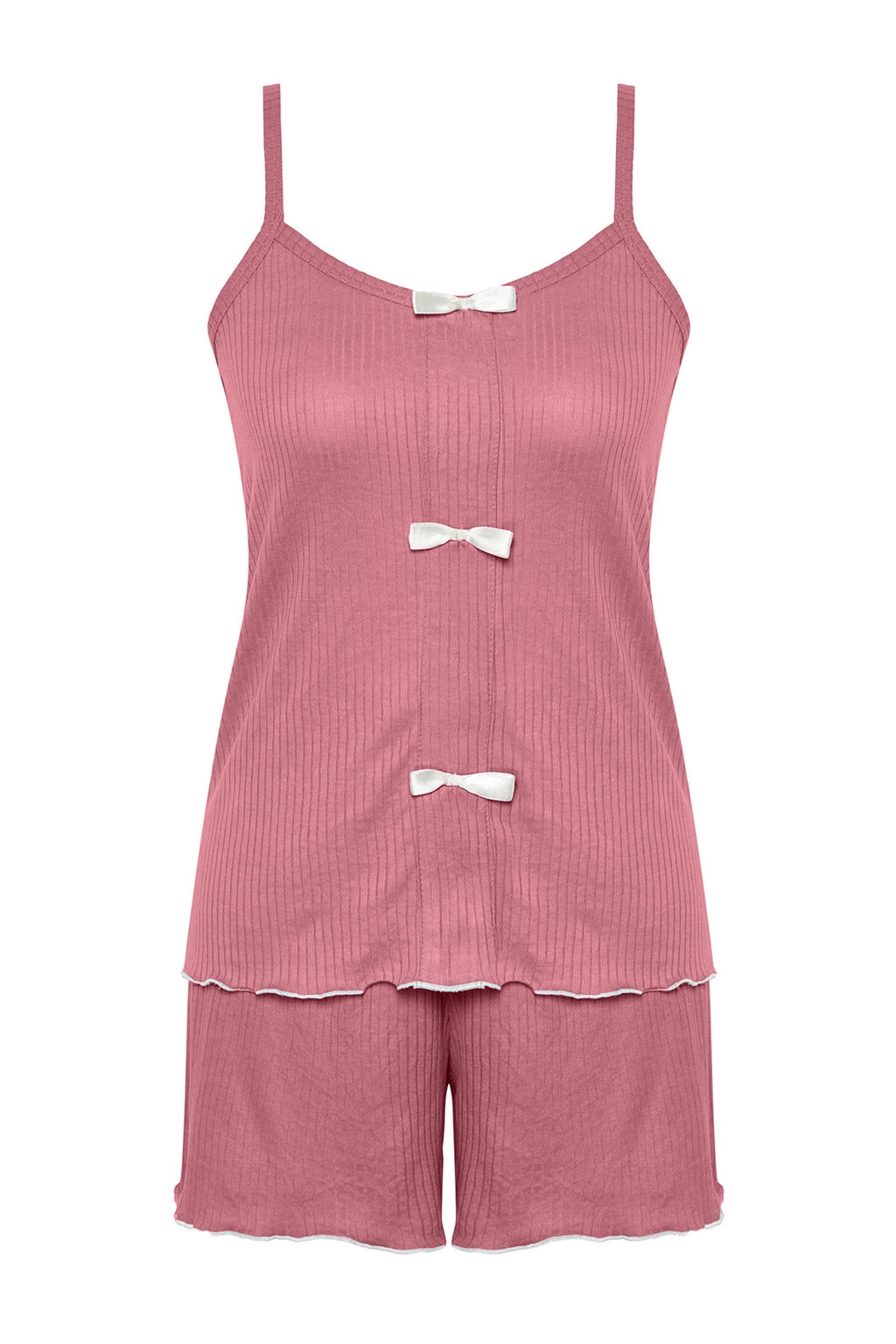 Trendyolmilla Ac?k Pembe Kurdele/Fiyonk Detayl? Ip Ask?l? Fitilli Sortlu Orme Pijama Tak?m? THMSS24PT00356  фото 7